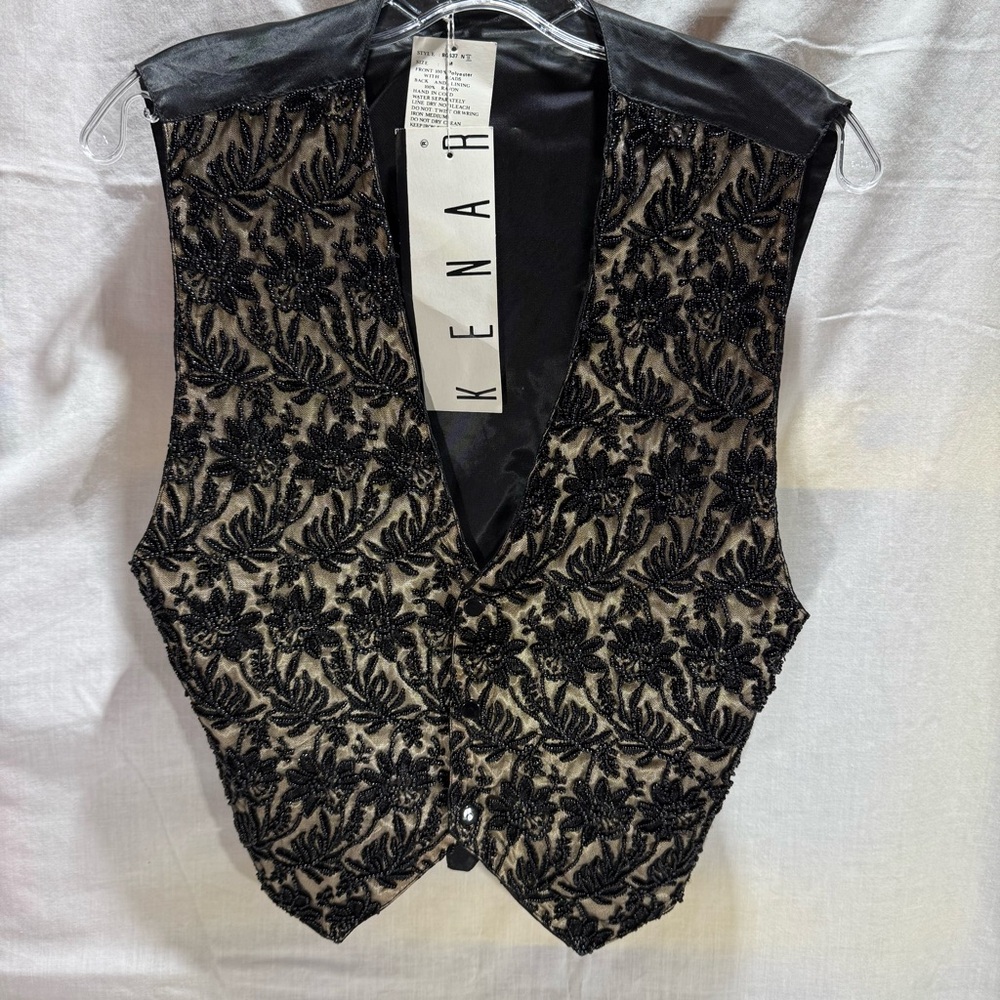 NWT Vintage Kenar Black and Cream Floral Beaded Vest